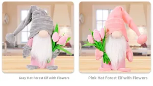 Detail of plush gnome set with tulip bouquets for Mother's Day home window decorations