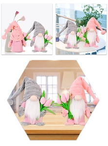 Detail of plush spring gnomes holding tulip bouquets for festive home shelf decoration