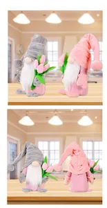 Easter gnome plush toys with pink tulips and long beards for spring home decorations