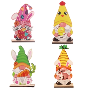 Set of 4 Easter wooden gnomes featuring bunny ears, chicks, and carrots for table decor