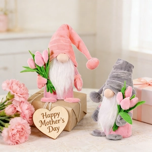 Pair of Mother's Day gnome plush toys with pink tulips and Happy Mother's Day wooden tag