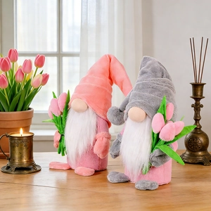 Set of pink and gray Mother's Day Gnomes with tulips on a cozy wooden desk