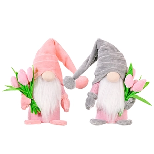 Set of pink and grey plush spring gnomes holding tulip flowers for home decor