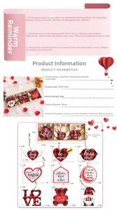 Size chart showing wooden Valentine heart pendants dimensions in 24x9cm gift box packaging
