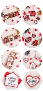 Detail of wooden Valentine's pendants with red buffalo plaid patterns and hemp ropes