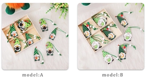Detailed view of St. Patrick's Day wooden gnomes in a rustic grid box with green cords