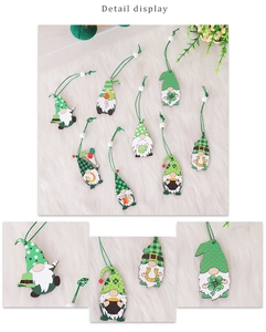 Detail view of wooden St. Patrick's Day gnomes with green shamrock and gold coin prints