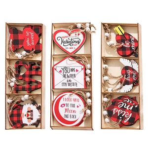 Valentine's Day wooden ornament set with buffalo plaid heart bear and envelope designs