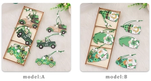 Detail of St. Patrick's Day wooden gnome and truck ornaments with Lucky clovers