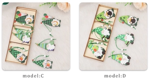 Detail view of St. Patrick's Day wooden gnome ornaments with clovers and beads