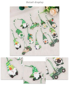 Close-up details of St. Patrick's Day wooden gnome hanging ornaments with green clovers
