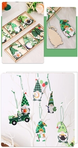 Close-up of wooden St. Patrick's Day gnome pendants with green beads and Luck truck designs
