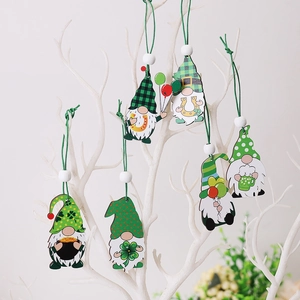 Set of 6 St. Patrick's Day wooden gnome ornaments with green clovers and horseshoes