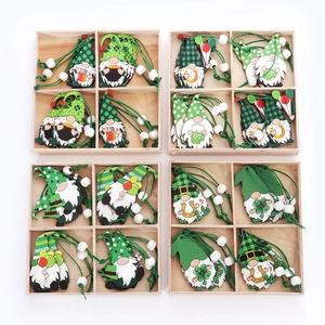 Set of 4 St. Patrick's Day wooden gnome ornaments with green clovers and beads