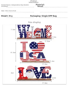 Detailed size chart of July 4th wooden gnome decorations with product dimensions