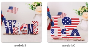 Detail of wooden 4th of July tabletop signs with Welcome and I Love USA gnome designs