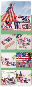 Macro shot of July 4th wooden table decor featuring American flag patterns and gnome
