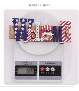 Detailed weight display of a wooden Independence Day gnome welcome sign at 36 grams