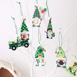 Five St. Patrick's Day wooden gnome ornaments with clovers and lucky gold pots