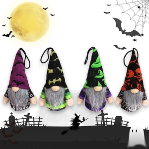 Set of four Halloween gnome hanging decorations with spooky skulls and witch hats