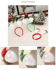 Detail display of Christmas gnome headbands with knitted hats and white beards