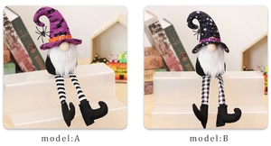 Detailed close-up of Halloween gnomes featuring spider wizard hats and striped long legs