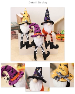 Detail display of Halloween gnome plush dolls featuring bat and ghost hat patterns
