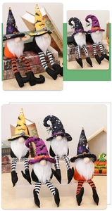 Detail of Halloween gnome plush dolls with striped long legs and spider web wizard hats