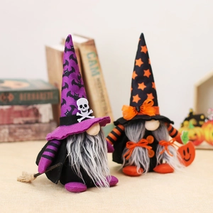 Λούτρινο σετ νάνων για το Halloween με μωβ καπέλο νυχτερίδας και κούκλα κολοκύθας