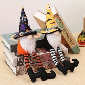 Set of two long-legged Halloween gnomes with pointed hats on vintage books for decor