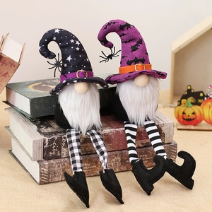 Halloween gnomes with long striped legs, black star hat and purple bat hat decoration