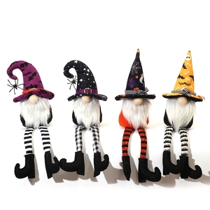 Set of four Halloween long-legged gnomes with spooky themed hats and striped legs