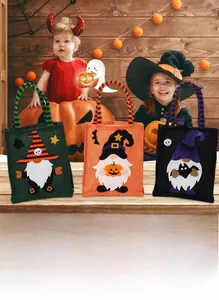 Three colorful Halloween burlap gnome gift bags with pumpkin and skull patchwork details