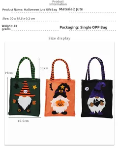 Three Halloween burlap gift bags with gnome embroidery and striped handles in 30cm height