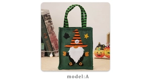 Detail of Halloween gnome burlap gift bag with striped handle and embroidery design