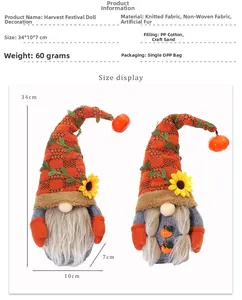Detail view of Harvest Festival gnomes with sunflower decorations and size specifications