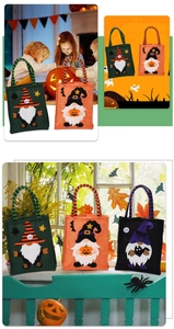 Détail de sacs à bonbons d'Halloween avec gnomes en non-tissé, orange, vert et noir