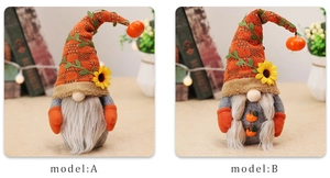 Detail view of model A and B autumn gnomes with knitted hats and sunflower decorations