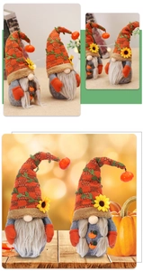 Detailed close-up of autumn gnomes with orange plaid hats and sunflower embellishments