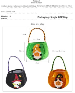 Detailed size and material info for Halloween velvet gift bags with gnome prints