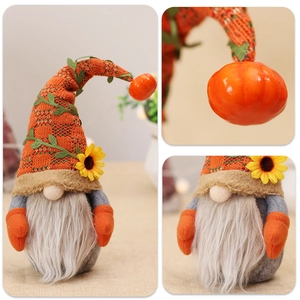 Detail of harvest gnome showing knitted hat with sunflower embroidery and felt textures