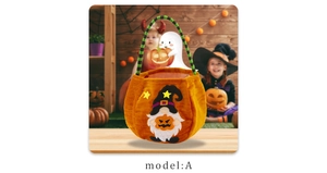 Halloween pumpkin candy bag with orange plush gnome design and striped handle for kids