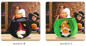 Close-up of Halloween gnome candy bags in black and green velvet with striped handles