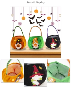 Detail display of Halloween gnome candy bags with striped handles and velvet fabric
