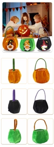 Detailed close-up of velvet Halloween candy bags with gnome embroidery and striped handles