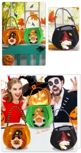 Three-piece Halloween gnome candy gift bags with decorative stripes and plush pumpkin motifs