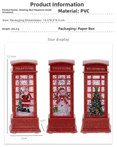 Detailed size and specs for red lighted Christmas telephone booth decor with Santa figures