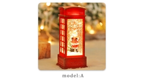 Macro detail of red Christmas telephone booth lamp with Santa Claus and snow inside