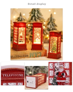 Detailed view of red Christmas telephone booth LED light with Santa and snowman scenes