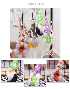 Détail de quatre ornements de gnomes d'Halloween en peluche avec motifs de citrouille
